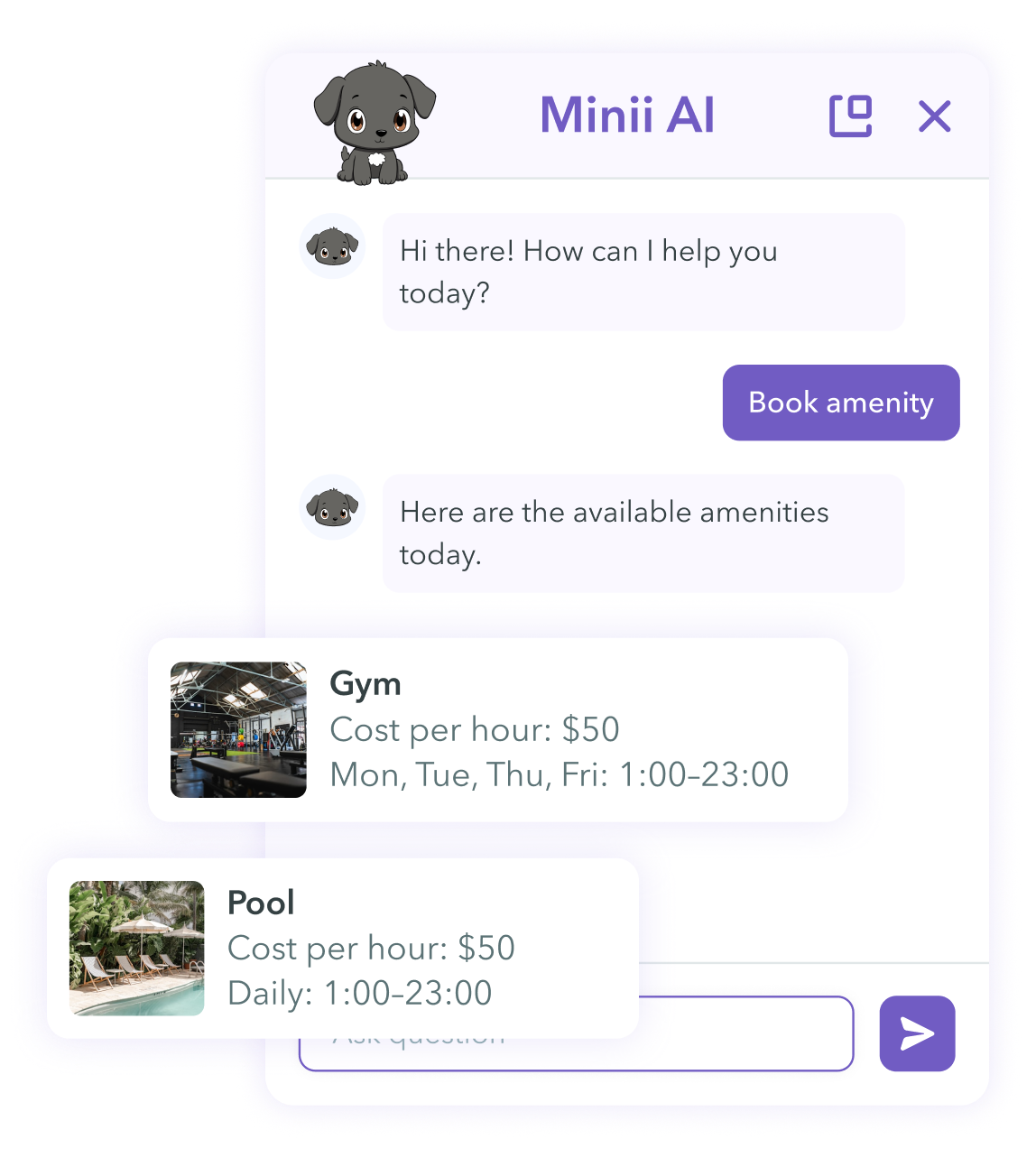 Minii AI amenity-booking chat in ManageCasa showing Gym and Pool options with $50/hour pricing, operating hours, and a ‘Book amenity’ button.