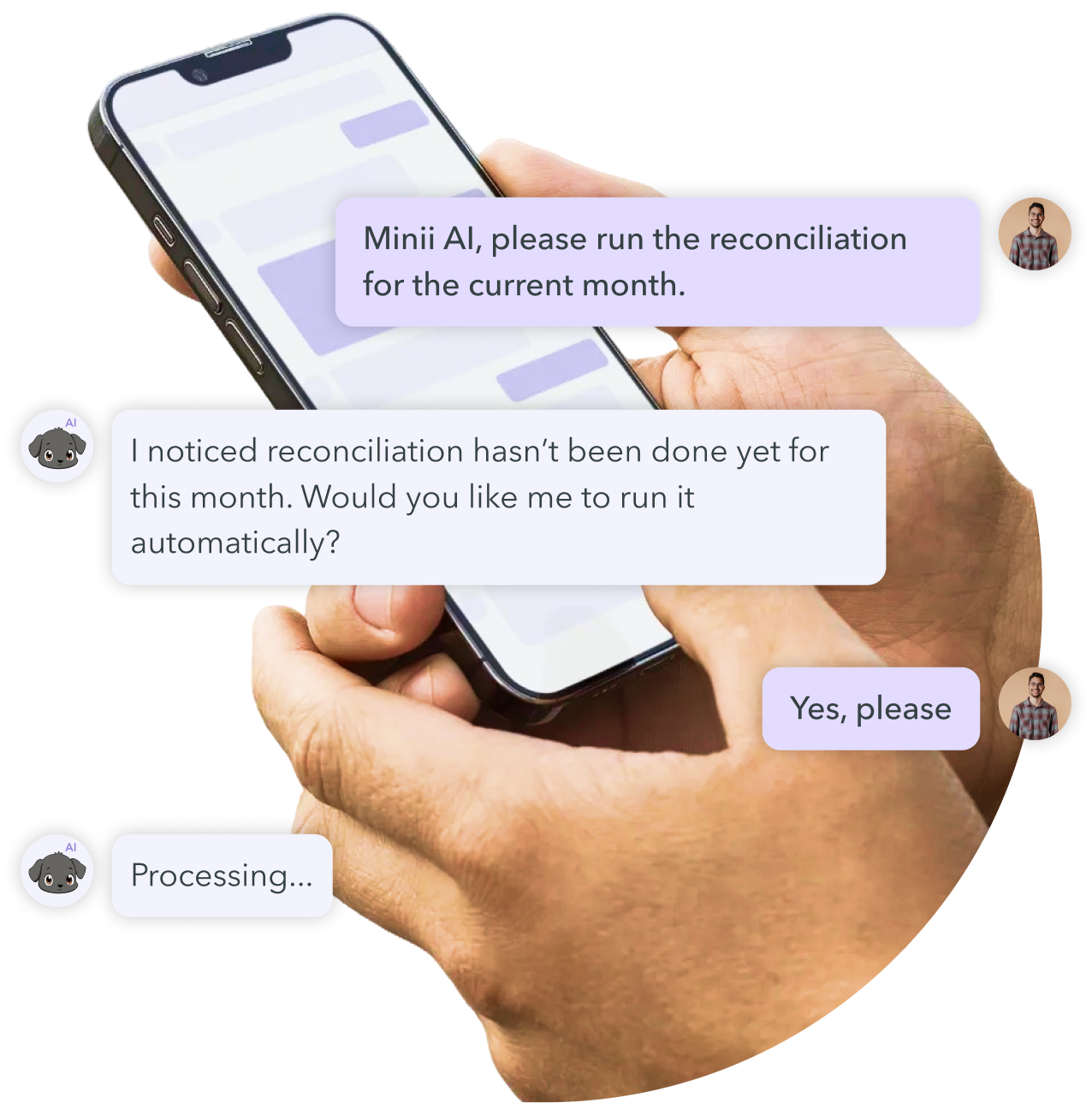 ManageCasa Minii AI on smartphone automating monthly accounting reconciliation for property management after user approval in chat.