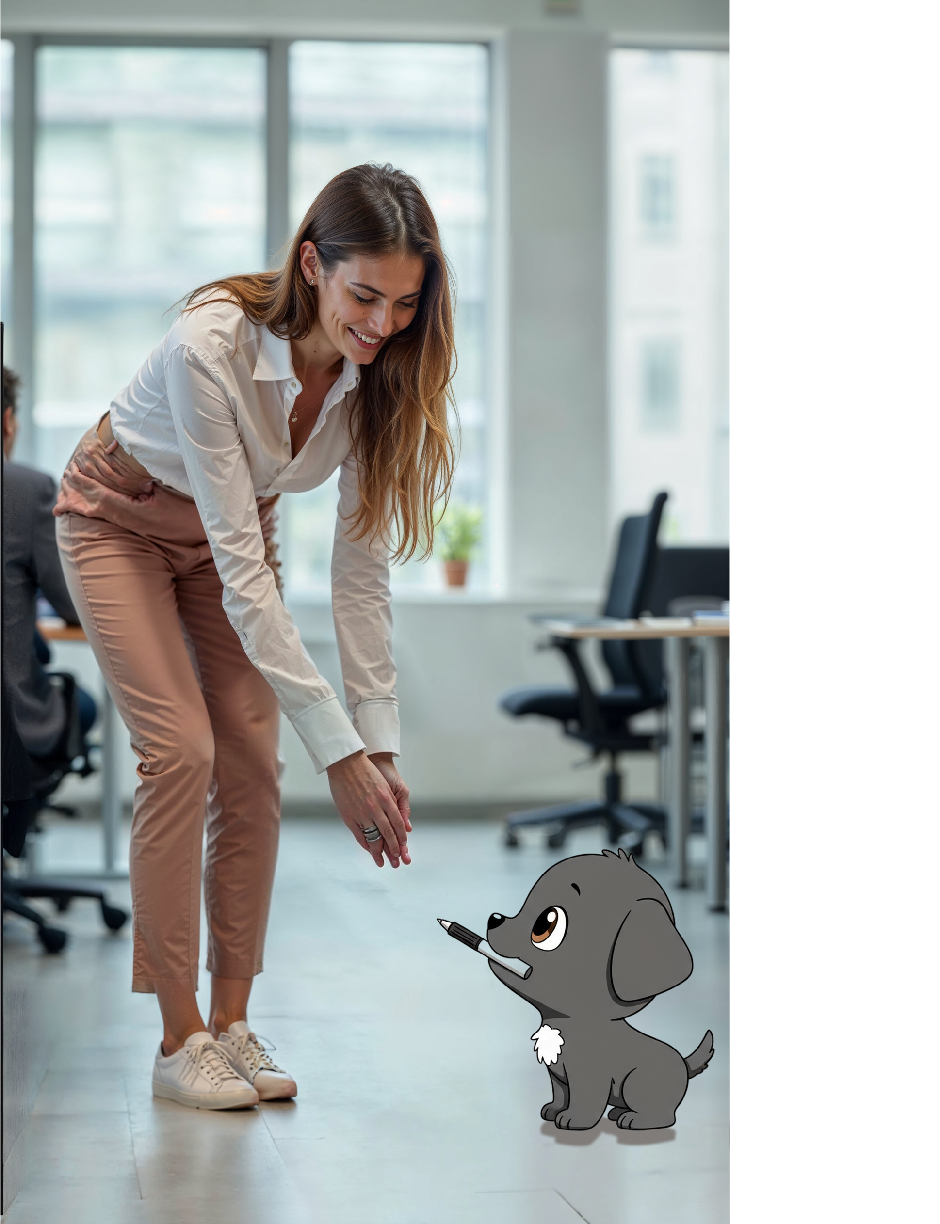 Smiling office worker bends to greet Minii AI—ManageCasa’s cartoon puppy assistant—holding a pen, symbolizing helpful property management support.