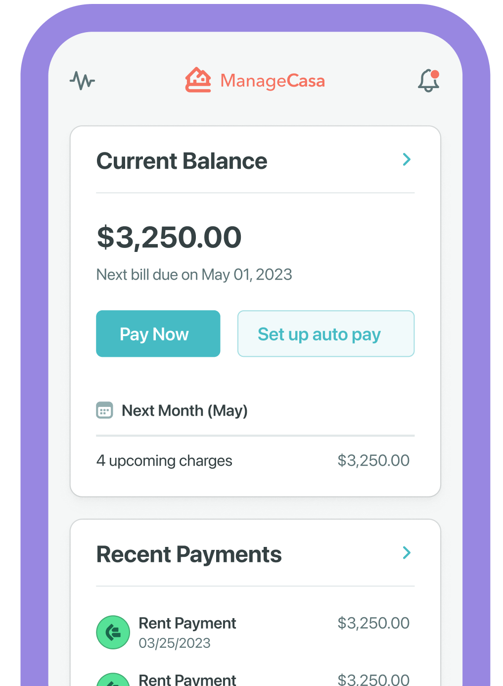 ManageCasa mobile resident portal showing Current Balance with ‘Pay Now’ and ‘Set up auto pay’ buttons, upcoming May charges, and Recent Payments list.