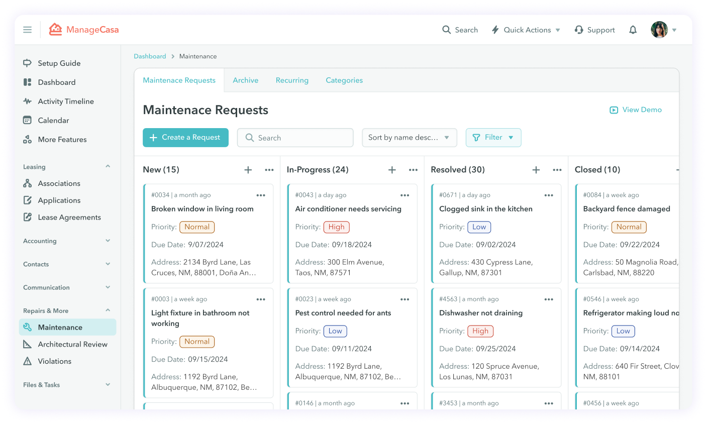 ManageCasa Maintenance Requests board—kanban columns New, In-Progress, Resolved, and Closed—with searchable/filterable work orders showing priority, due date, address, and ‘Create a Request’ button.